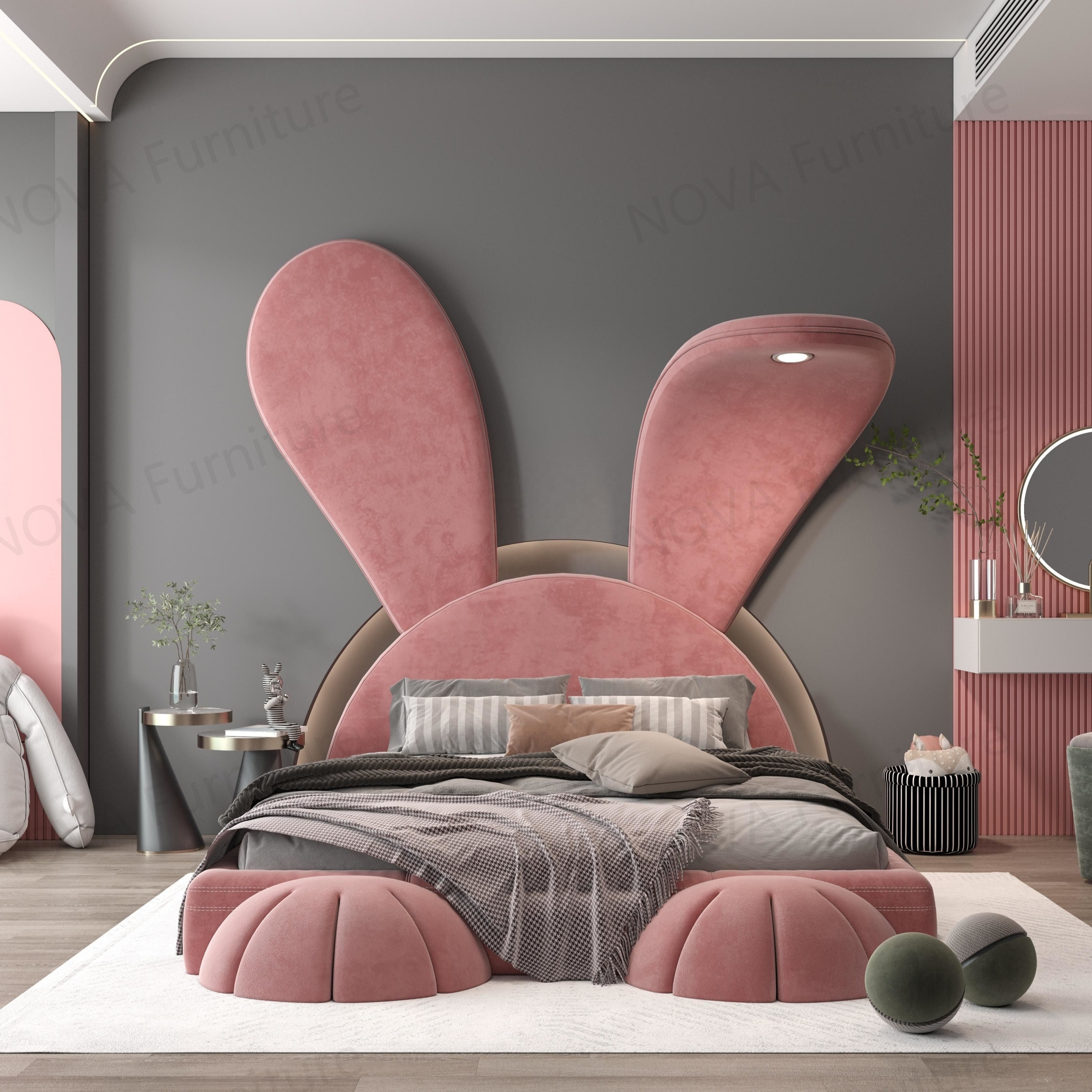 NOVA New Bunny Kids Bed Room Furniture Pink Princess Girls Bedroom Rabbit Design Children Bed Upholstered Fabric Girls Beds