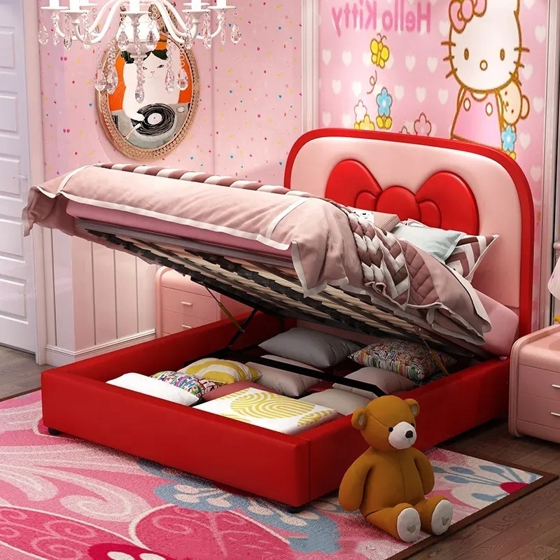 Nova Cute Hello Kitty Girls Bedroom Set Furniture Cartoon Bow Tie Headboard Solid Wood Red Kids Bed Customize Twin Girl Beds