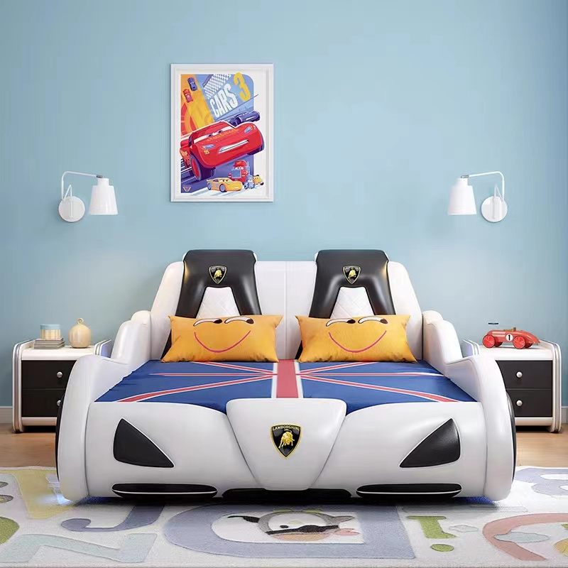 Nova New Multi-Functional PU Leather Children's Bedroom Furniture Car Bed For Kids Boy With Lights And Bluetooth Sound System