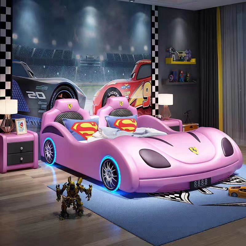 Nova 2024 Multifunctional Children's Bedroom Furniture PU Leather Kids Car Bed With Lights And Bluetooth Sound For Boys