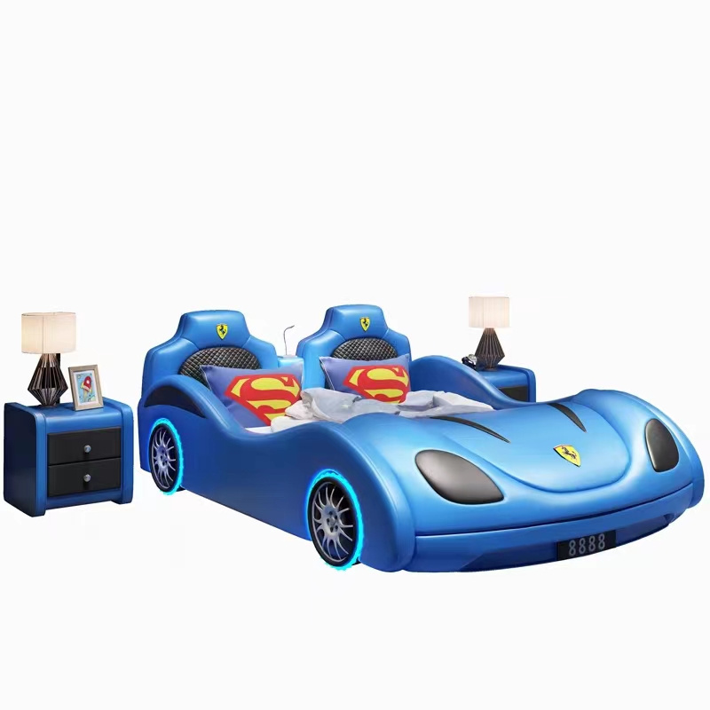 Nova 2024 Multifunctional Children's Bedroom Furniture PU Leather Kids Car Bed With Lights And Bluetooth Sound For Boys