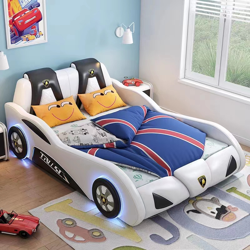 Nova New Multi-Functional PU Leather Children's Bedroom Furniture Car Bed For Kids Boy With Lights And Bluetooth Sound System