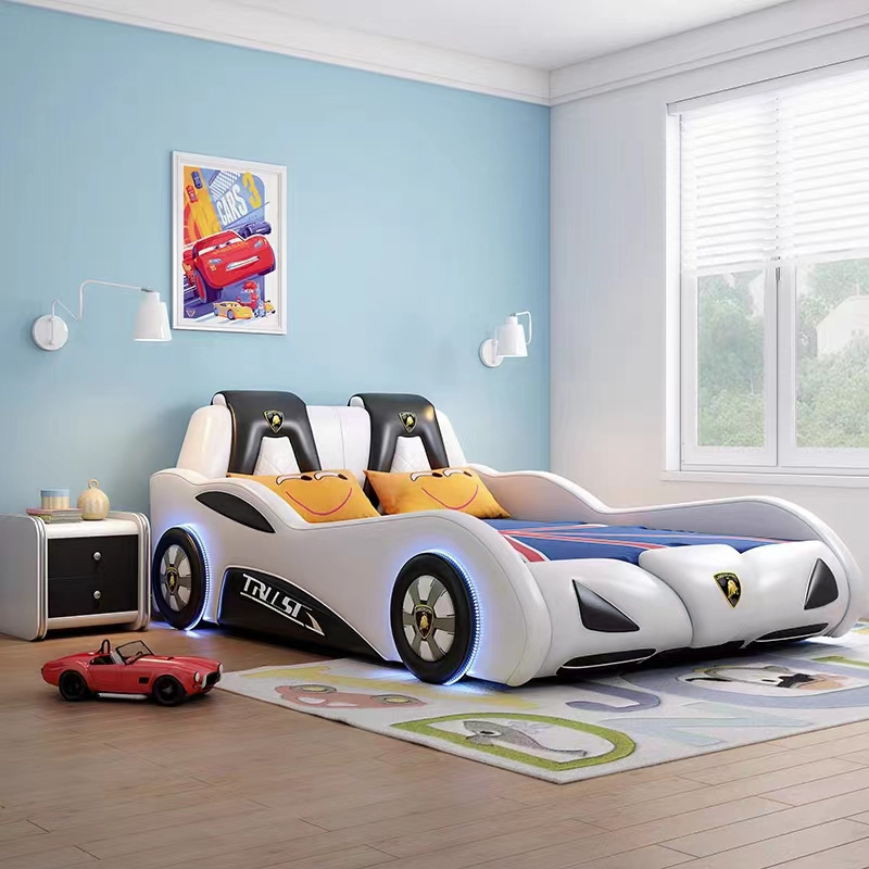 Nova New Multi-Functional PU Leather Children's Bedroom Furniture Car Bed For Kids Boy With Lights And Bluetooth Sound System