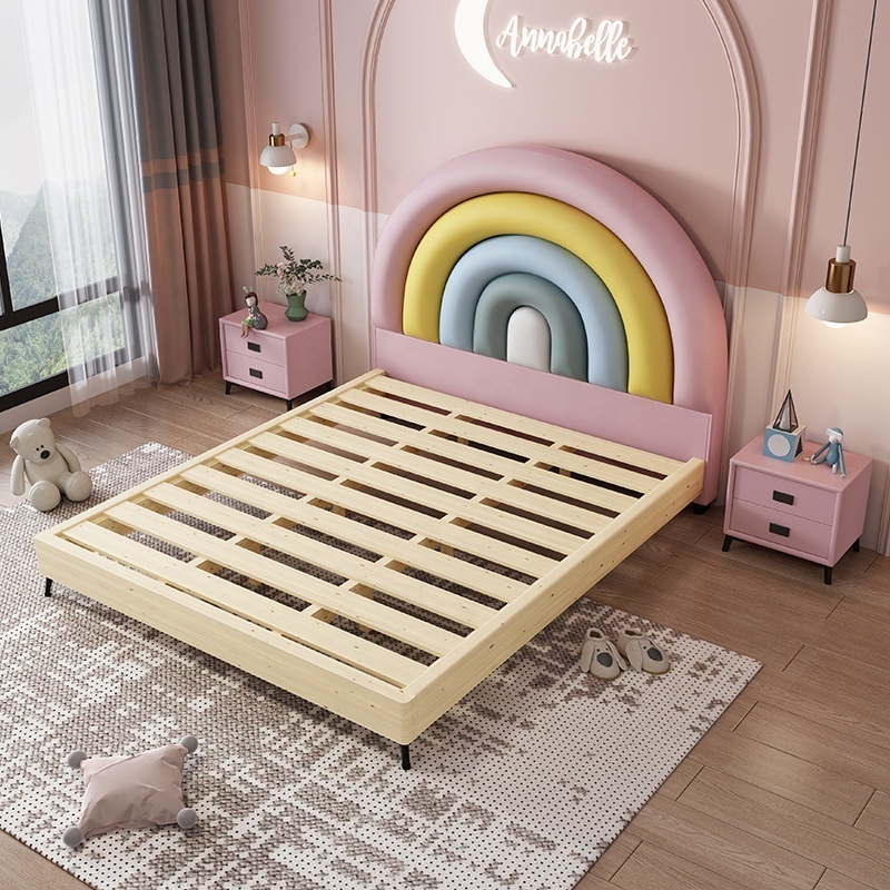 NOVA Solid Wood Children Beds Frame Wholesale Girls Bedroom Furniture Pink Cute Kids Upholstered Rainbow Bed With Storage