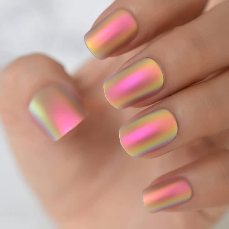 High Quality Rainbow Color False Press On Nails Supplier Short Squoval Fake Nails