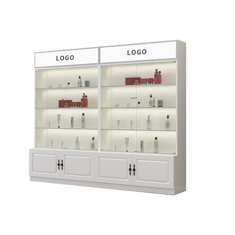 Floor Standing Rack Glass Cosmetic Make Up Shelf Display Gel Nail Polish Display Cabinets with Lock