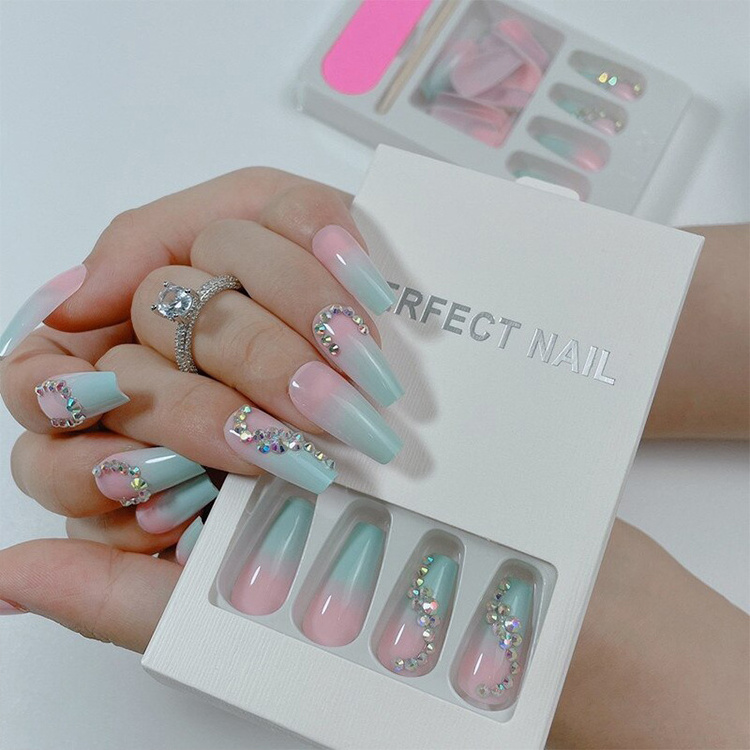 24Pcs/Set With Sticker Rainbow Ballerina Full Cover Press on Nail Art Tips Artificial Long Coffin Designed Press On Nails