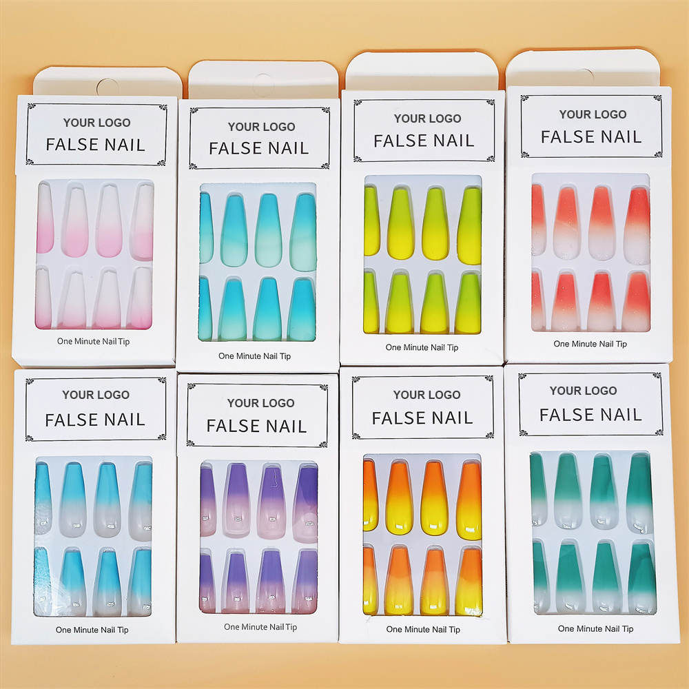 24Pcs/Set With Sticker Rainbow Ballerina Full Cover Press on Nail Art Tips Artificial Long Coffin Designed Press On Nails