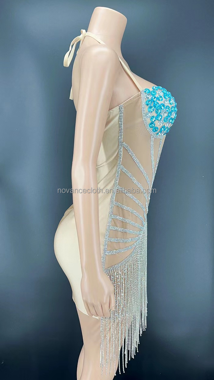 NOVANCE Y2244-B Summer Apparel Women Halter Mini Design Shiny Tassel Blue Diamond Dress Sexy Hot Stage & Dance Wear Performance