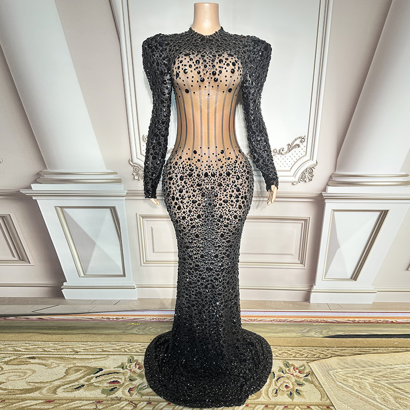 Nocance Novance Apparel Design Services Black Diamond Mesh Evening Dresses 2022 Long Sleeves Elegant Quinceanera Dresses 15