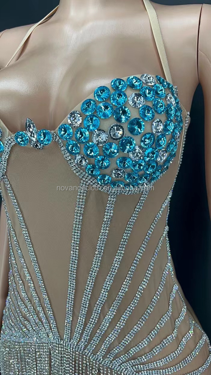 NOVANCE Y2244-B Summer Apparel Women Halter Mini Design Shiny Tassel Blue Diamond Dress Sexy Hot Stage & Dance Wear Performance