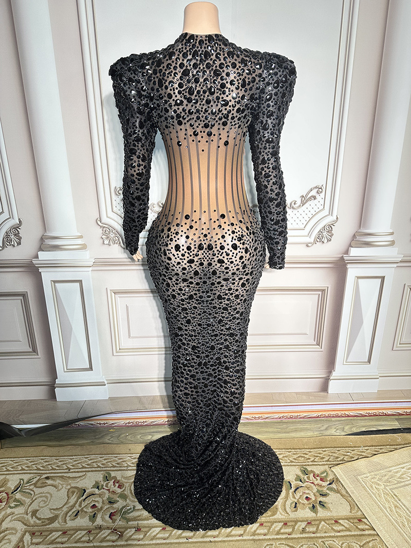 Nocance Novance Apparel Design Services Black Diamond Mesh Evening Dresses 2022 Long Sleeves Elegant Quinceanera Dresses 15