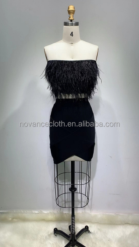 Novance Womanswear 2022 Women Ostrich Feathers Trim Crop Top Skirts Fashion Ostrich Feather Sets African Party Dresses For Women