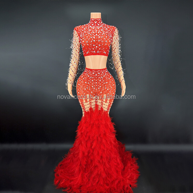 Korean Clothes Women Summer Red 2 Pieces Set Sequin Evening Dresses 2022 Hot Crystal Pearls Feather Tail Vestidos-De-Gala-Cor