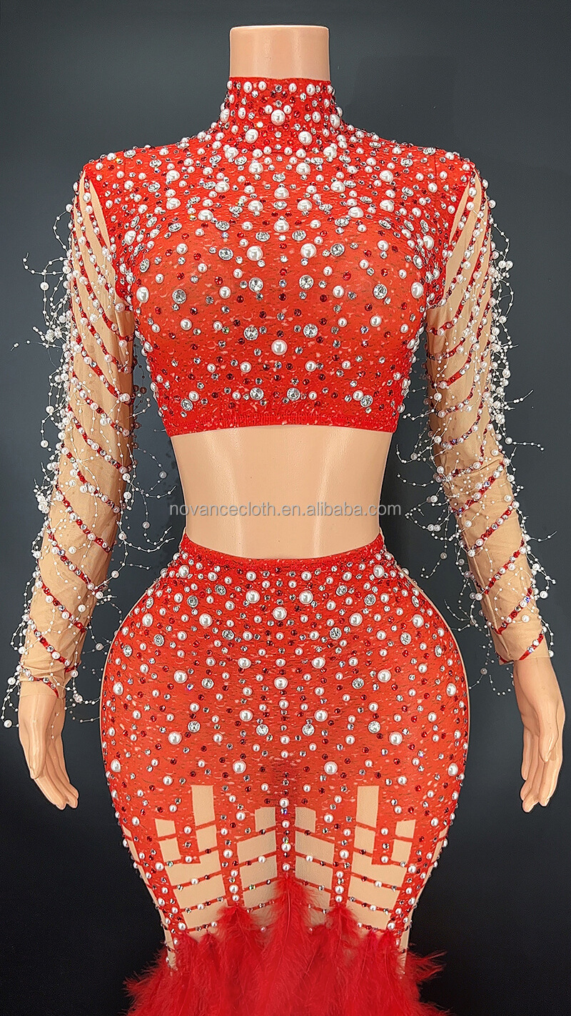 Korean Clothes Women Summer Red 2 Pieces Set Sequin Evening Dresses 2022 Hot Crystal Pearls Feather Tail Vestidos-De-Gala-Cor