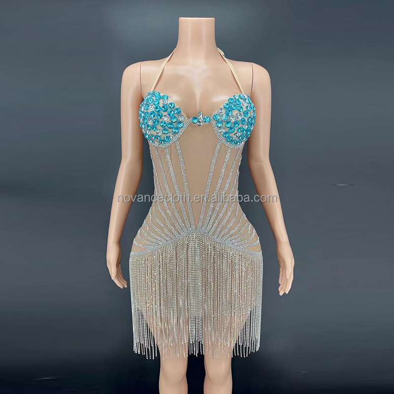 NOVANCE Y2244-B Summer Apparel Women Halter Mini Design Shiny Tassel Blue Diamond Dress Sexy Hot Stage & Dance Wear Performance