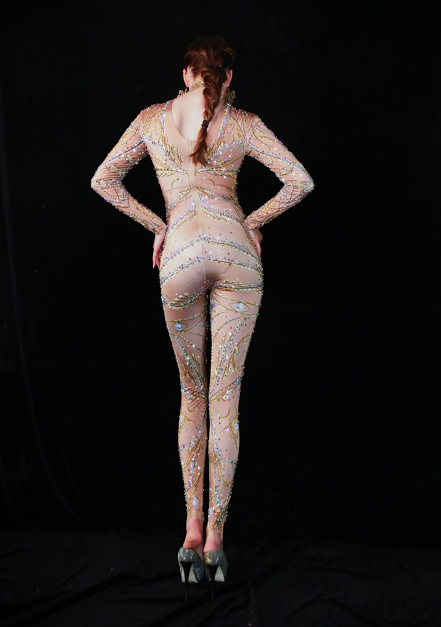 NOVANCE Rhinestone Nude Spandex one piece jumpsuit New Fashion Dance Costume long sleeve bodysuit Wear sexy adult costume