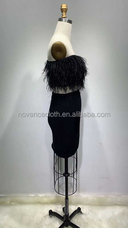 Novance Womanswear 2022 Women Ostrich Feathers Trim Crop Top Skirts Fashion Ostrich Feather Sets African Party Dresses For Women