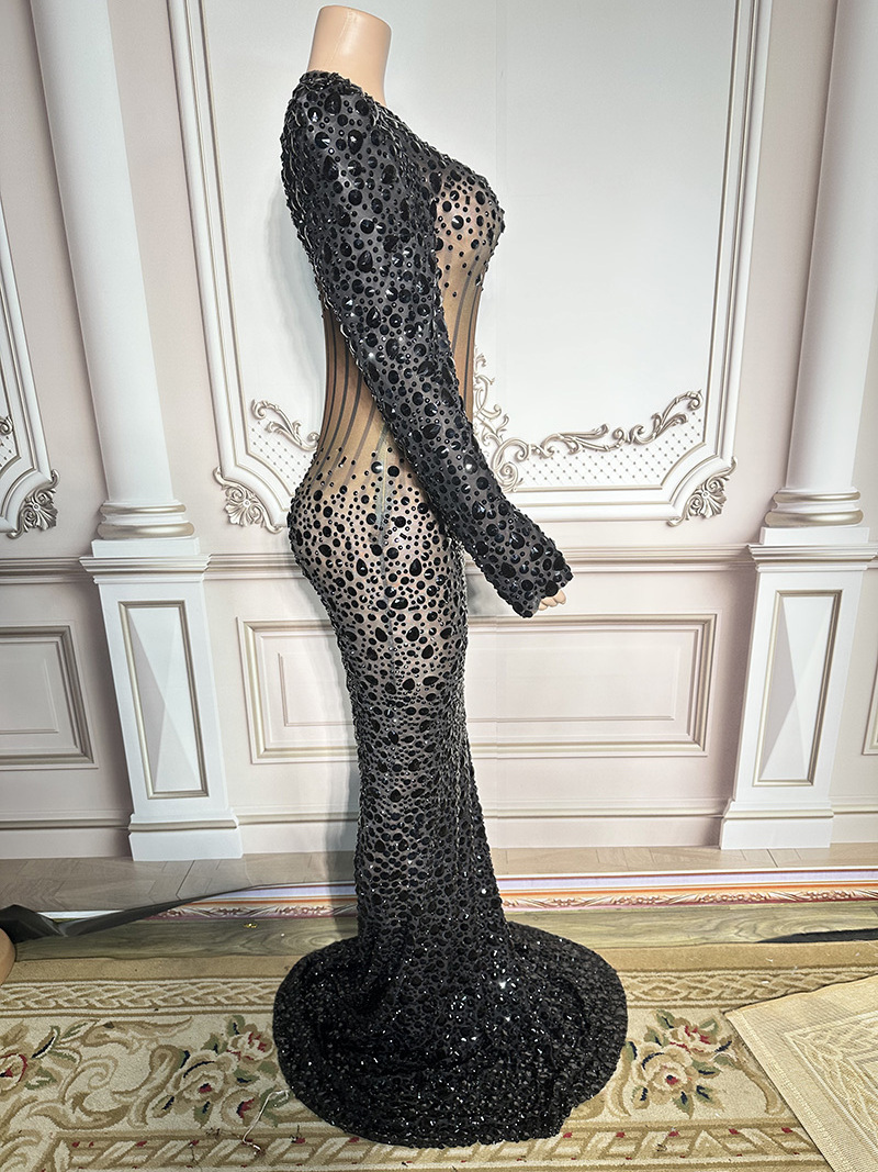 Nocance Novance Apparel Design Services Black Diamond Mesh Evening Dresses 2022 Long Sleeves Elegant Quinceanera Dresses 15