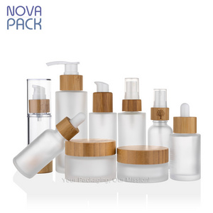 skincare package set frosted glass cream jar serum dropper lotion pump bottle toner spray bottles for bamboo cosmetic packaging