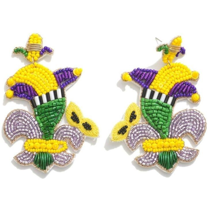 Festival-ready bead embroidery Intricate Mardi Gras bead detailing Customizable seed bead earrings Vibrant festival beadwork