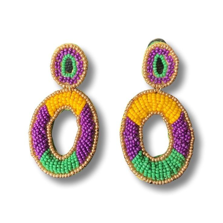 Festival-ready bead embroidery Intricate Mardi Gras bead detailing Customizable seed bead earrings Vibrant festival beadwork