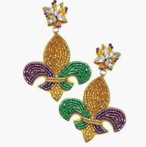 Festival-ready bead embroidery Intricate Mardi Gras bead detailing Customizable seed bead earrings Vibrant festival beadwork