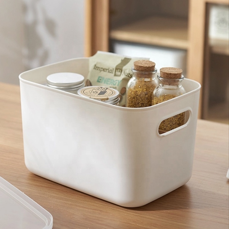 White storage basket for kitchen pantry organizer plastic storage container with handles Plastic Box & Organizer