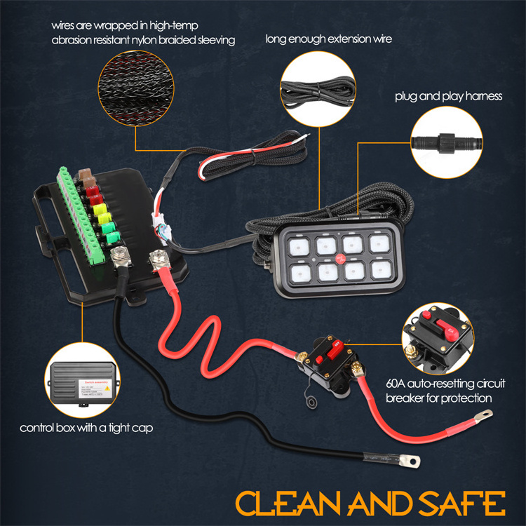 Blue Backlit Color Brightness Adjustable Toggle Momentary Pulsed Mode 8 Gang Led Switch Panel