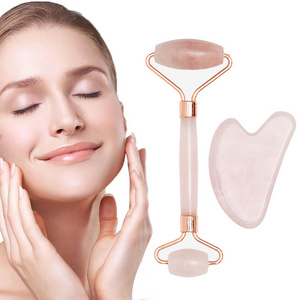 Home Green Pink Rose Quartz Crystal Stone Massager Gua Sha Set Facial Face Massage Rodillo De Natural Jade Rollers with logo