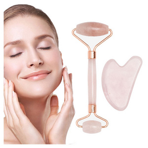 Natural Rose Quartz Beauty Kit Massager Facial Guasha Stone Jade Face Roller And Gua Sha face brush and jade massager set