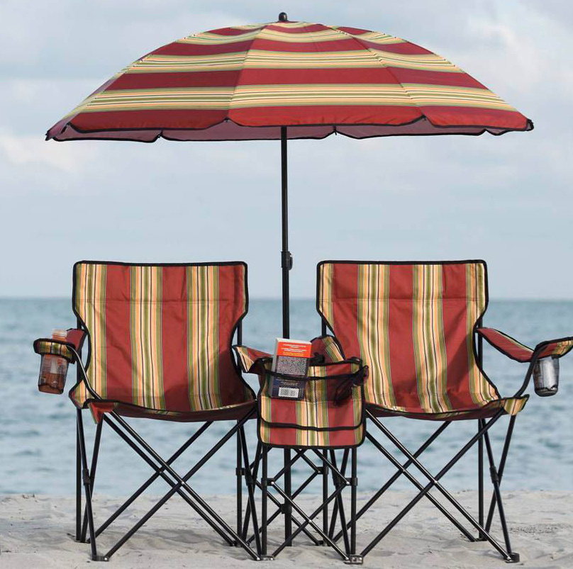 Folding double seat camping chair outdoor portable beach chair with umbrella