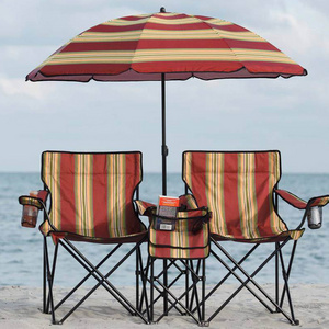 Stripe double camping chair folding beach chair with removable umbrella outdoor twin chair