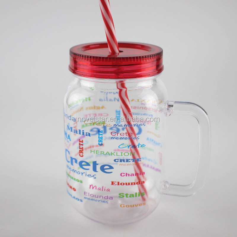 450ml 16oz custom logo print clear plastic bubble tea mug with lid and straw mason jar