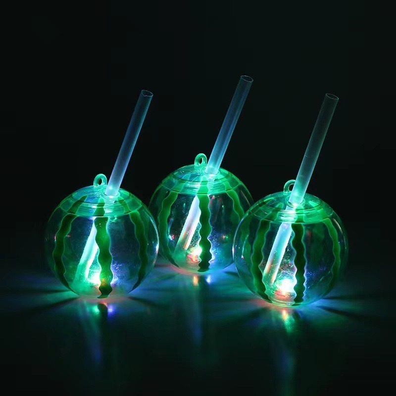 Novelty 500ml disposable plastic light straw cup LED watermelon shape drinking cup for summer party