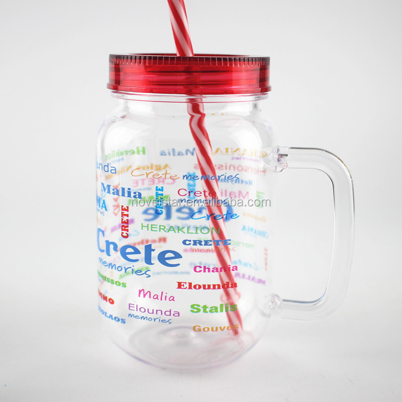 450ml 16oz custom logo print clear plastic bubble tea mug with lid and straw mason jar