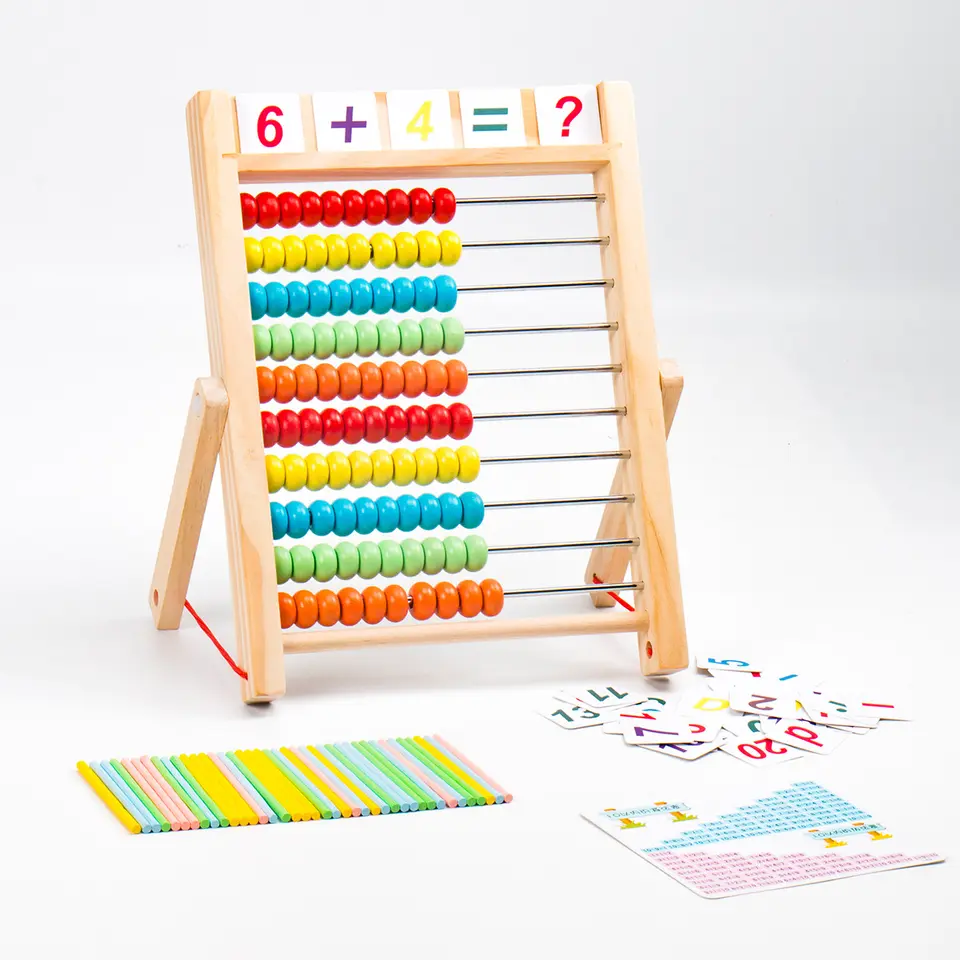 Preschool Math Learning Toy,10-Row Wooden Frame Abacus with Multi-Color Beads, Counting Sticks, Number Alphabet Cards