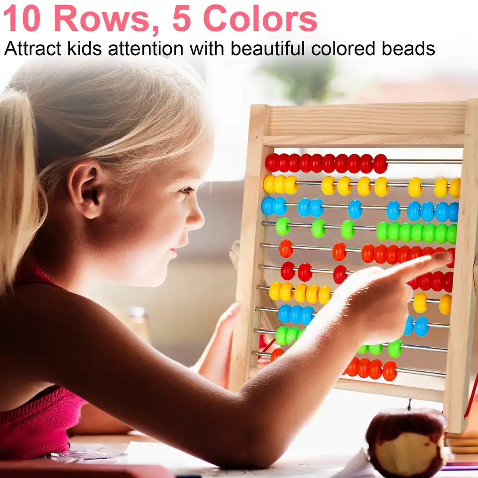 Preschool Math Learning Toy,10-Row Wooden Frame Abacus with Multi-Color Beads, Counting Sticks, Number Alphabet Cards