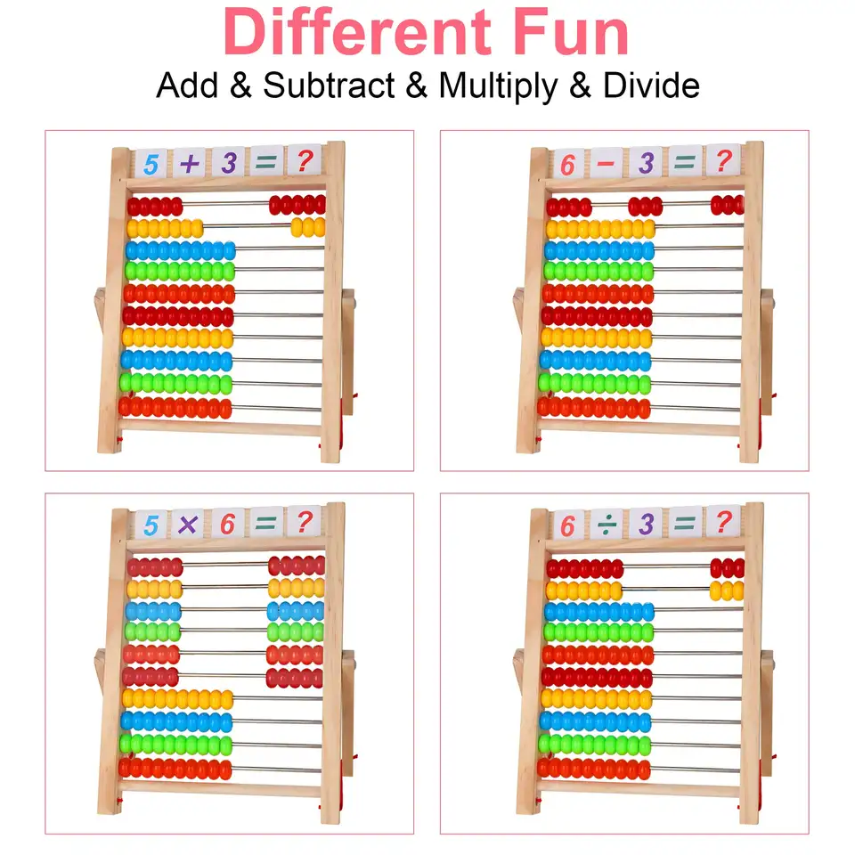 Preschool Math Learning Toy,10-Row Wooden Frame Abacus with Multi-Color Beads, Counting Sticks, Number Alphabet Cards