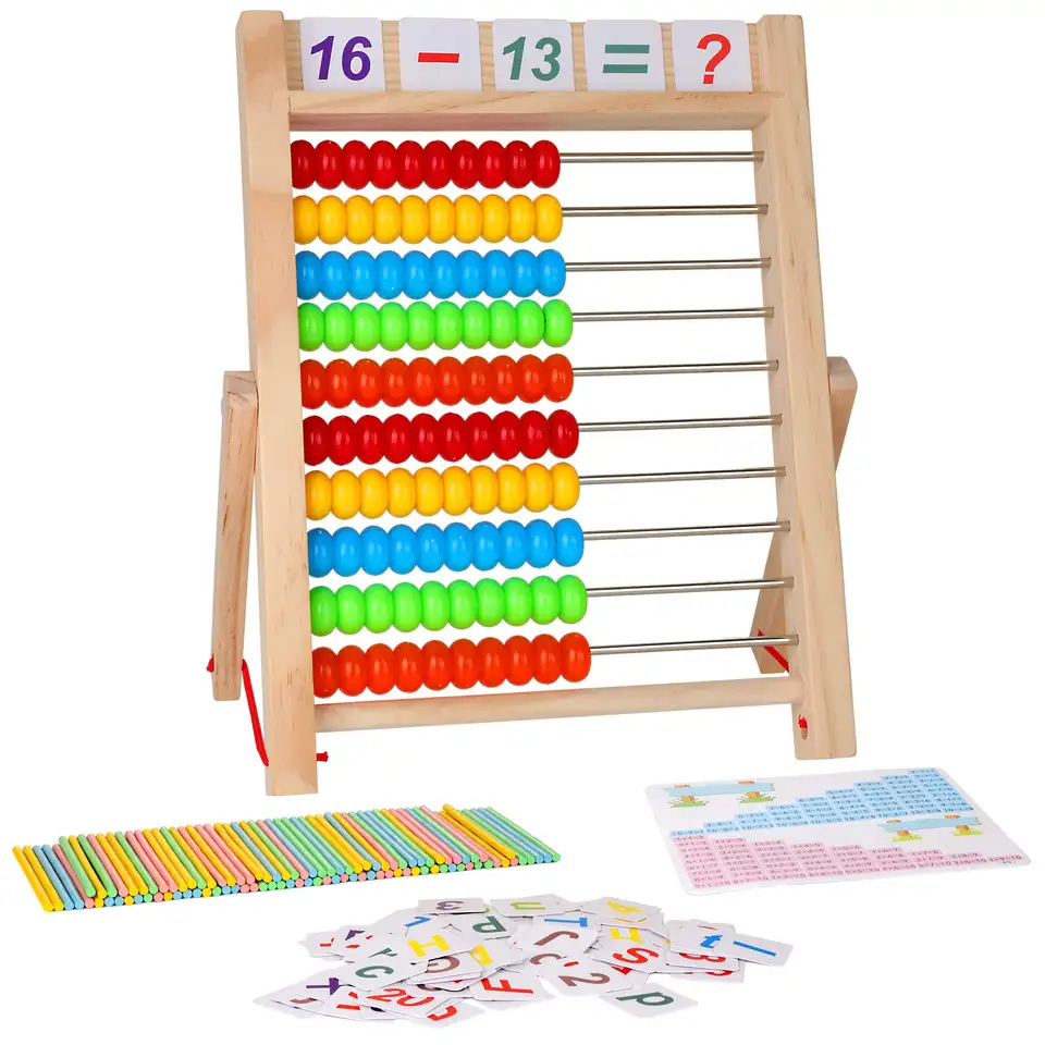 Preschool Math Learning Toy,10-Row Wooden Frame Abacus with Multi-Color Beads, Counting Sticks, Number Alphabet Cards