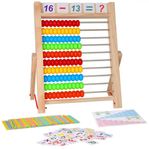 Preschool Math Learning Toy,10-Row Wooden Frame Abacus with Multi-Color Beads, Counting Sticks, Number Alphabet Cards