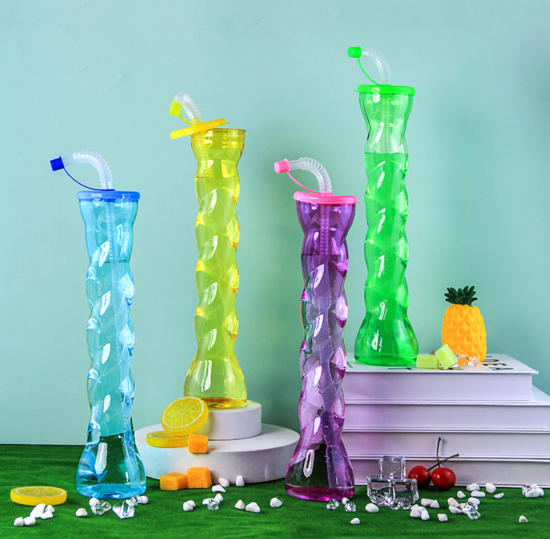 Hot Sell Novelty Plastic Drink Cups Five Colorful 500ml Twist Party Yard Cups With Lid and Straw