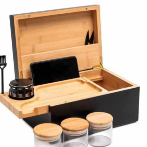 Factory Large Size Bamboo Storage Boxes Classic And Neat Design Stash Box With Glass Jar amp grinder