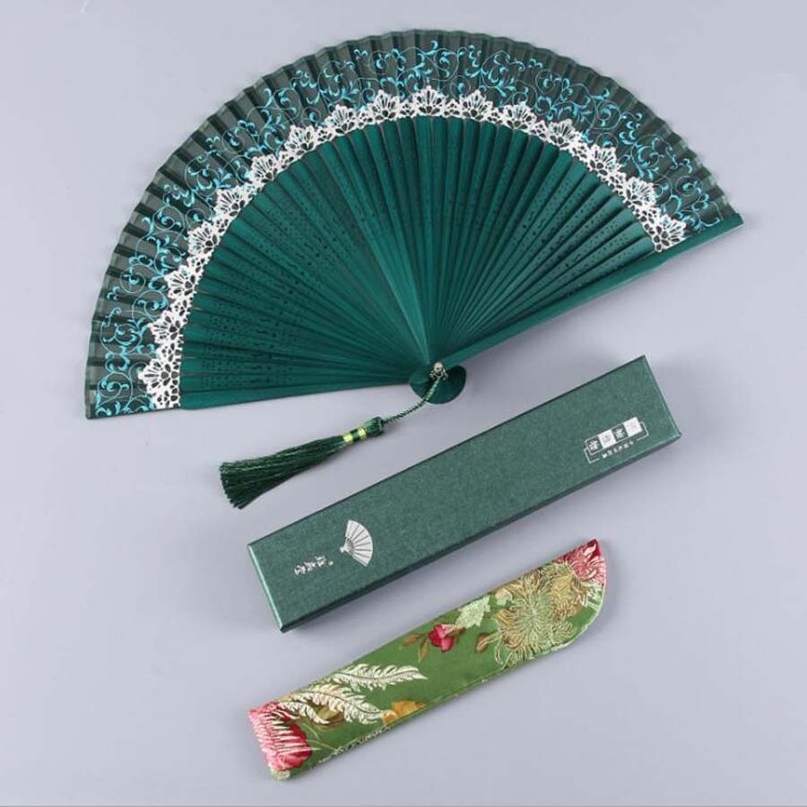 Classical Flower Design Chinese Style Black Fabric Hand Fan