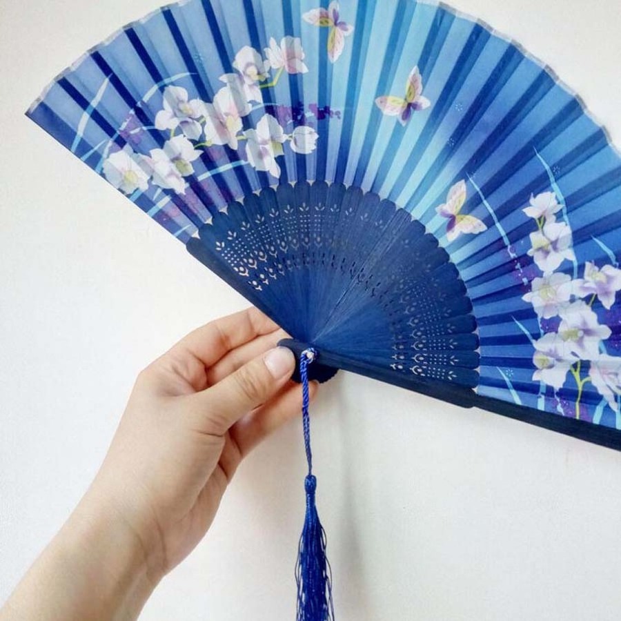 Classical Flower Design Chinese Style Black Fabric Hand Fan