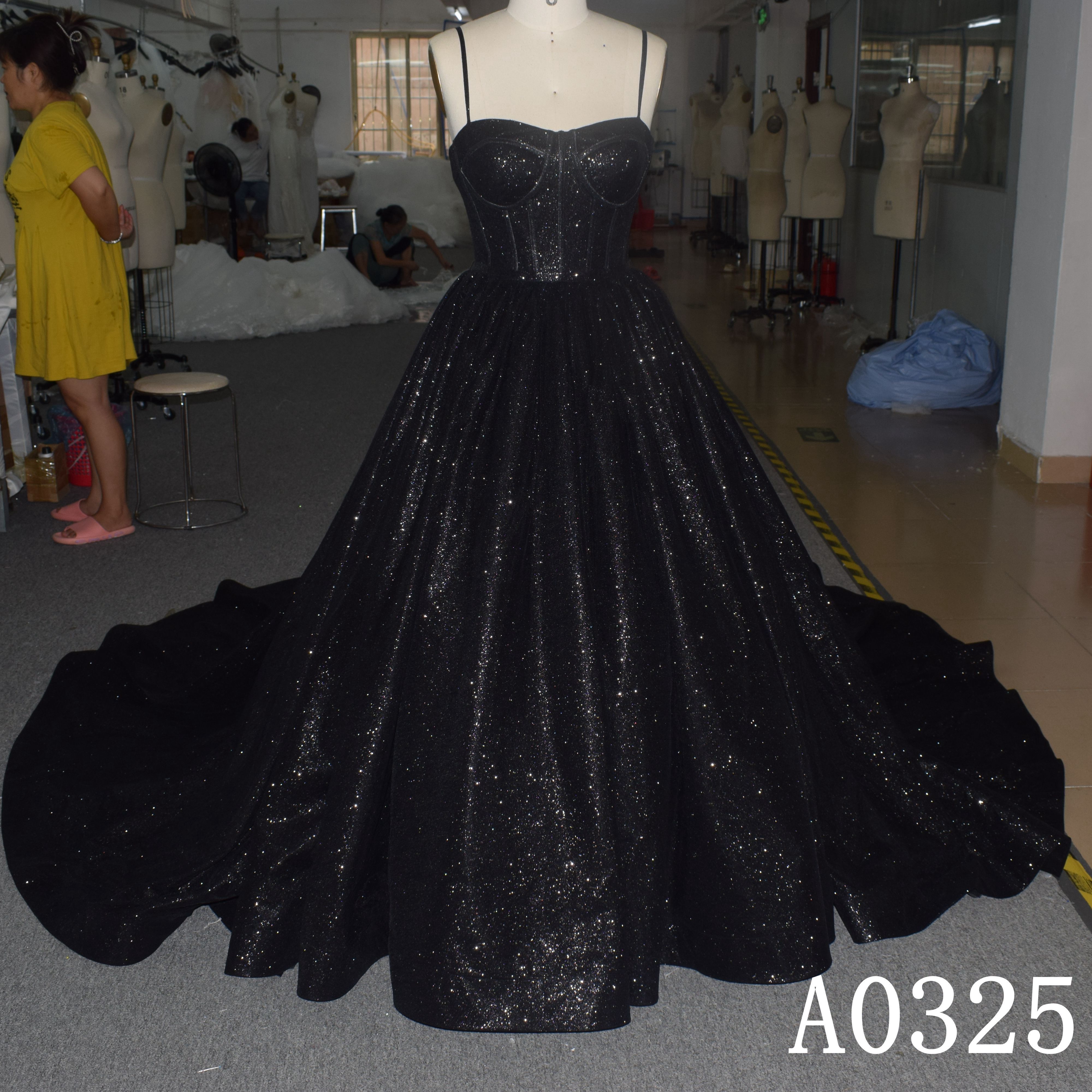 Spaghetti Straps Shiny black glitter tulle popular Backless wedding dress A line Sweetheart with pleats Sleeveless Bridal Gown