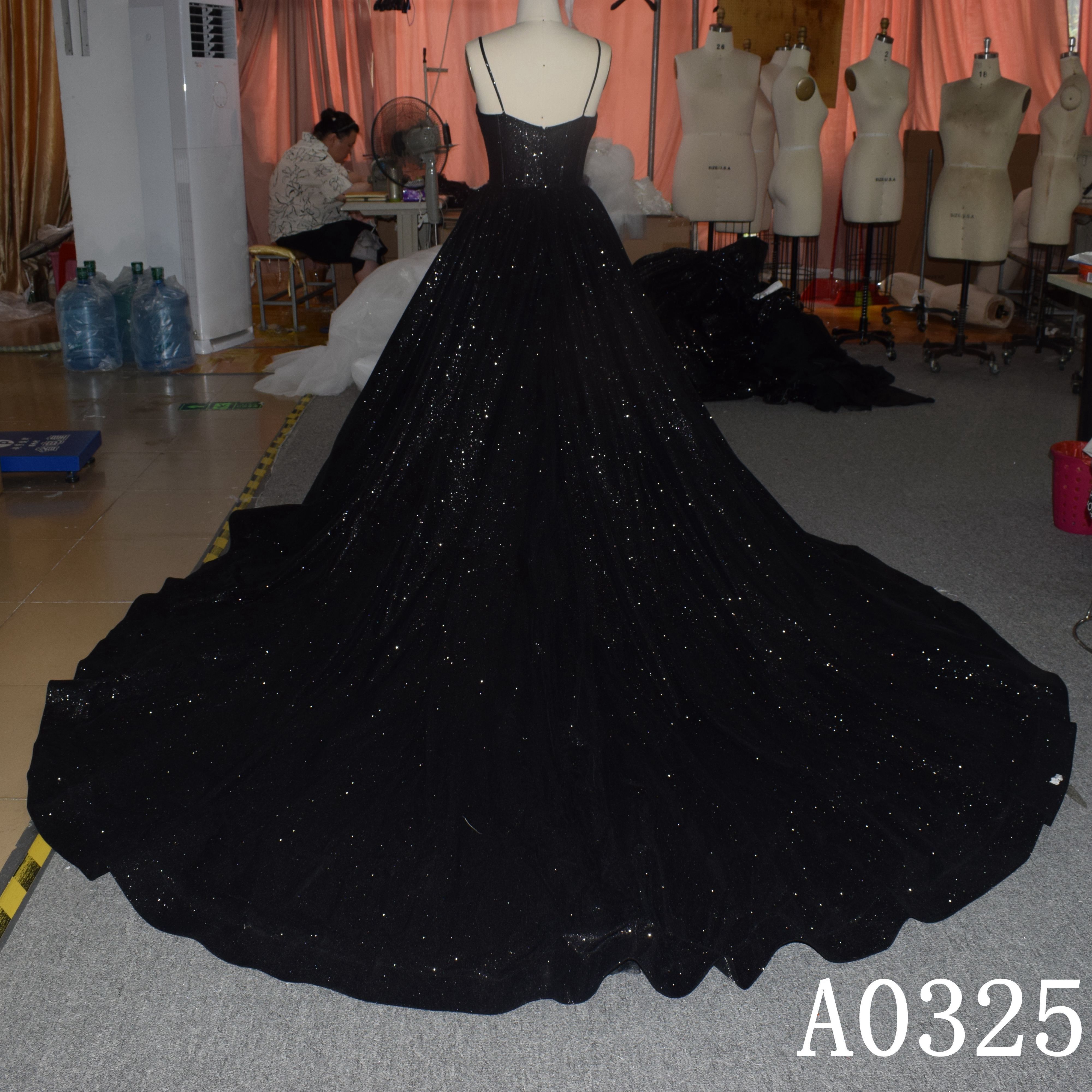 Spaghetti Straps Shiny black glitter tulle popular Backless wedding dress A line Sweetheart with pleats Sleeveless Bridal Gown