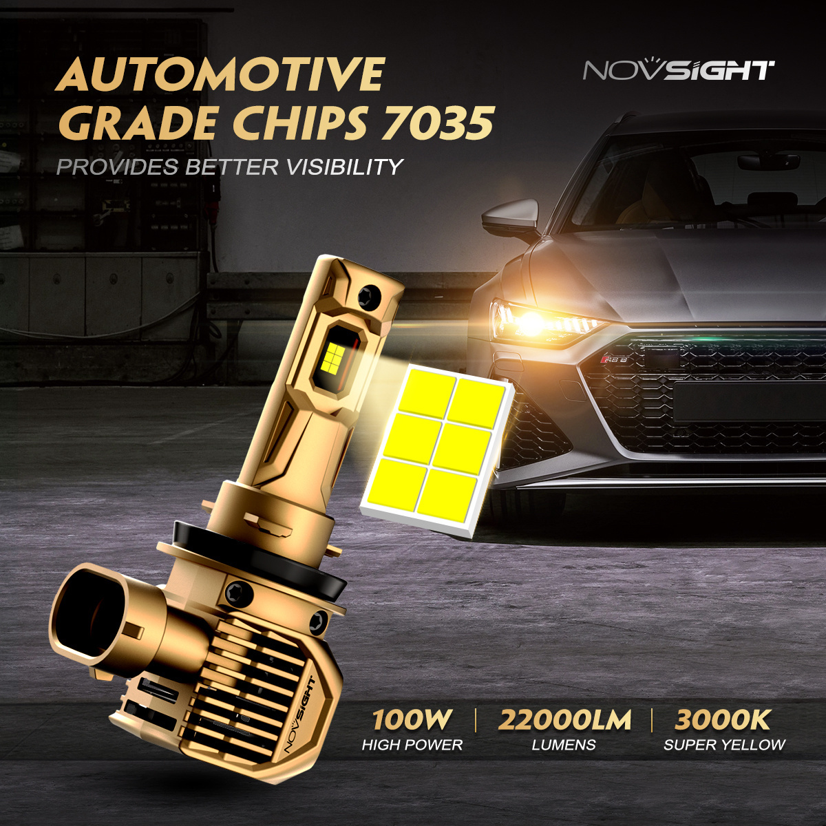 Novsight N62Y 3000k yellow led headlight 22000lumen 100W h7 h4 h11 h3 led fog light bulb