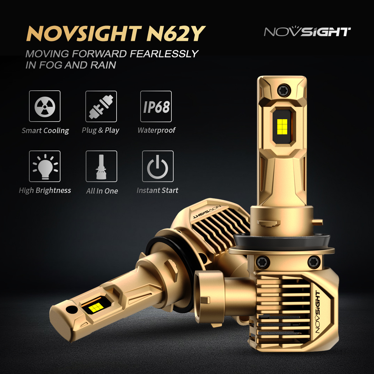 Novsight N62Y 3000k yellow led headlight 22000lumen 100W h7 h4 h11 h3 led fog light bulb