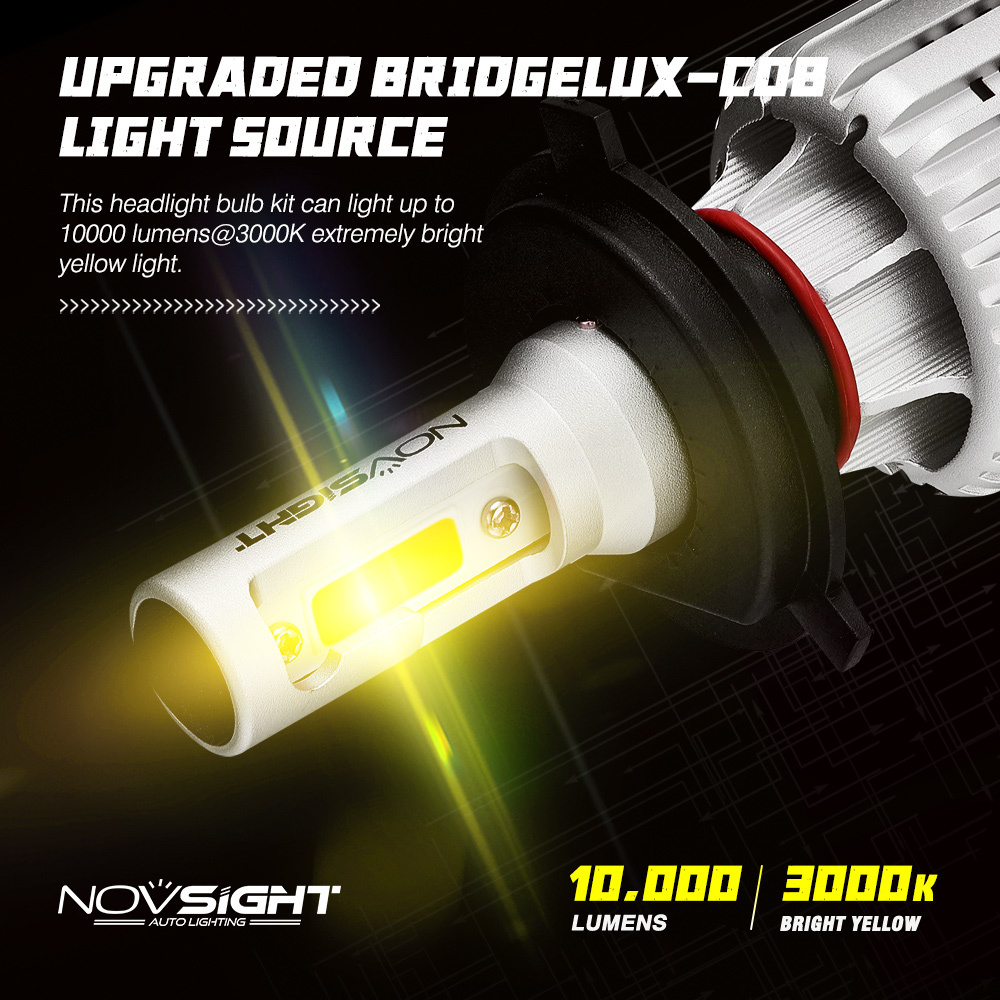 Novsight high power 3000k yellow golden h4 COB car auto headlight bulb 10000LM 72W 9005 H7 H11 Led Headlight fog light